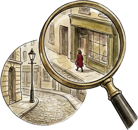 The emblem: a magnifying glass held over a street, with one figure in red inside the lens.